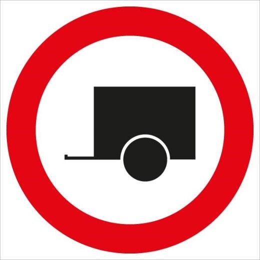 Verkehrszeichen: Weißer Kreis mit rotem Rand, schwarzem Anhänger. Bedeutet: Fahrverbot für alle Kraftfahrzeuge mit Anhänger.