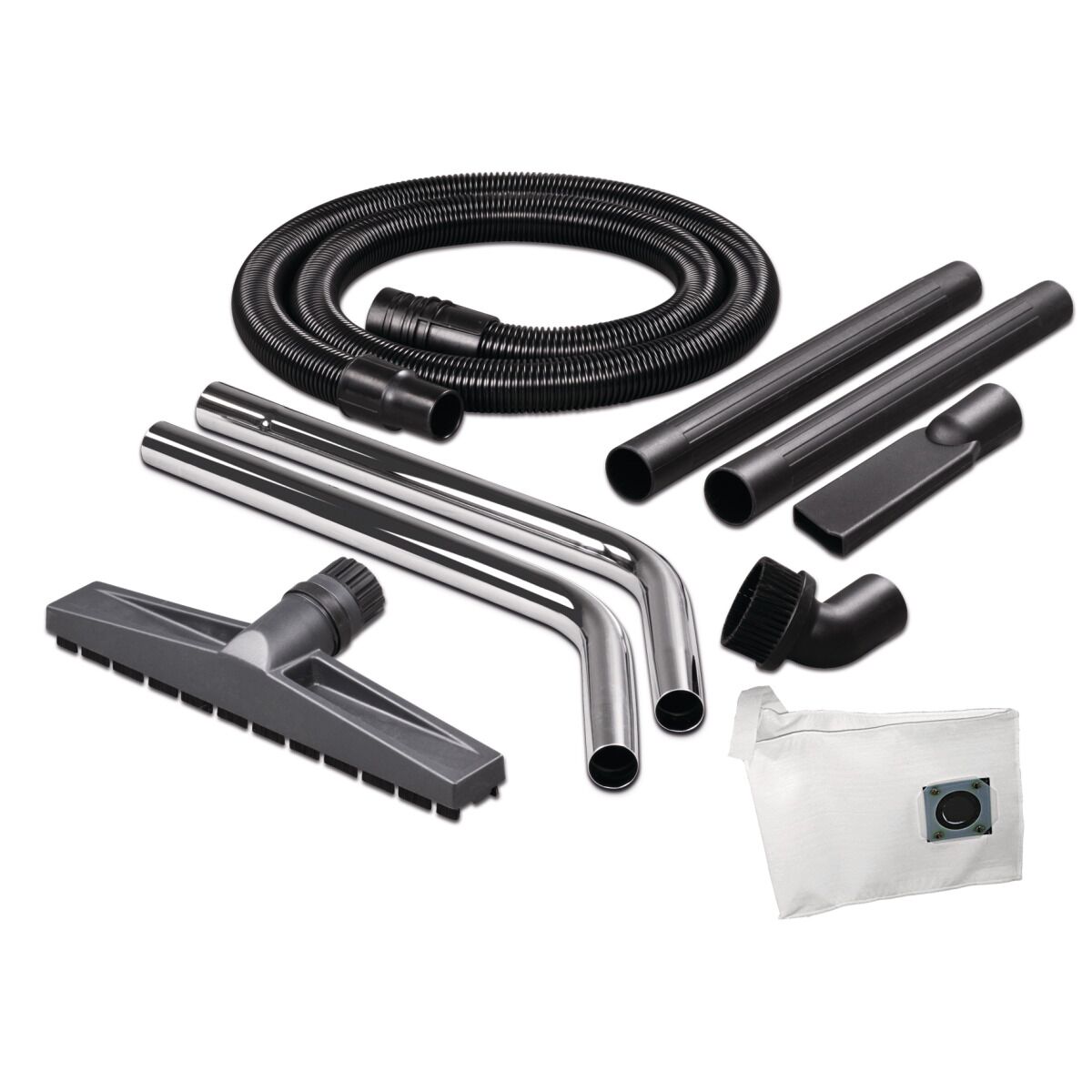 Zubehörset mit Saugschlauch, Rohren, Bürste, Bodendüse und Staubbeutel auf weißem Hintergrund.