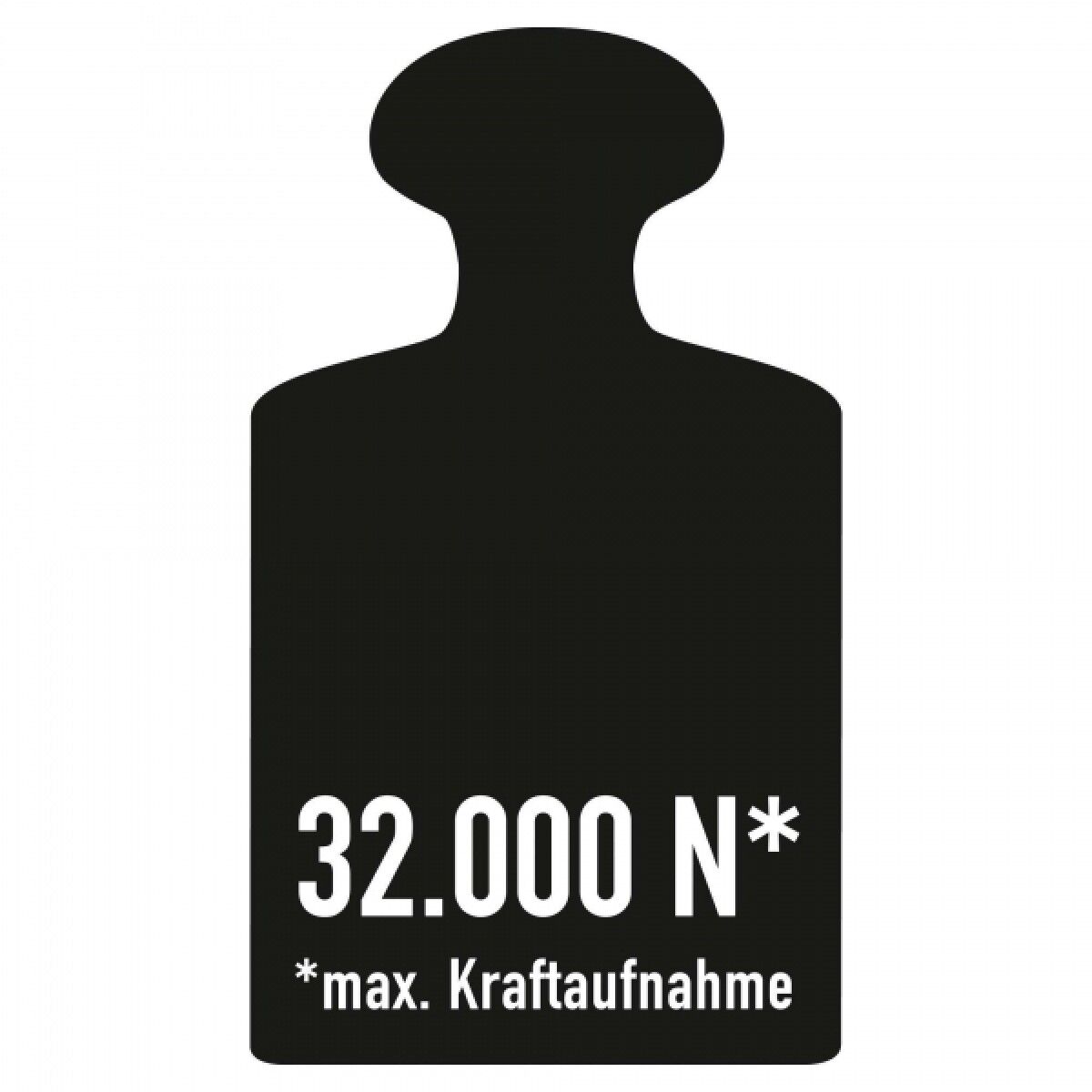 Schwarzes Piktogramm eines Gewichts mit Aufschrift „32.000 N*“ und „*max. Kraftaufnahme“ auf weißem Hintergrund.