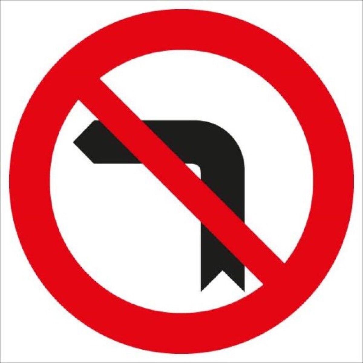 Rundes Verkehrszeichen mit rotem Rand und rotem Schrägbalken; schwarzer Pfeil zeigt nach links (Linksabbiegen).