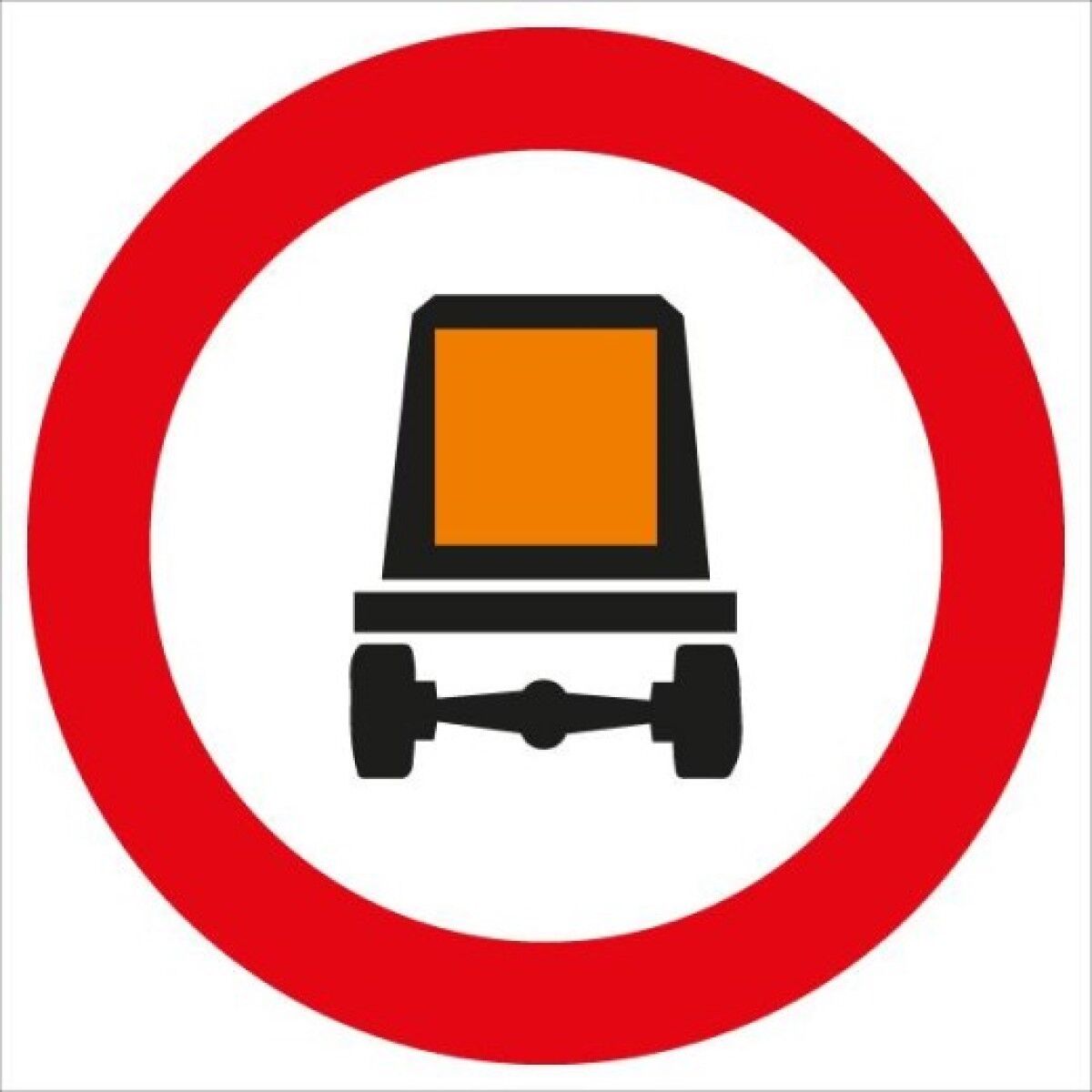 Verkehrszeichen: Weißer Kreis mit rotem Rand, schwarzes LKW mit oranger Tafel. Bedeutet: Fahrverbot für Fahrzeuge mit gefährlichen Gütern.