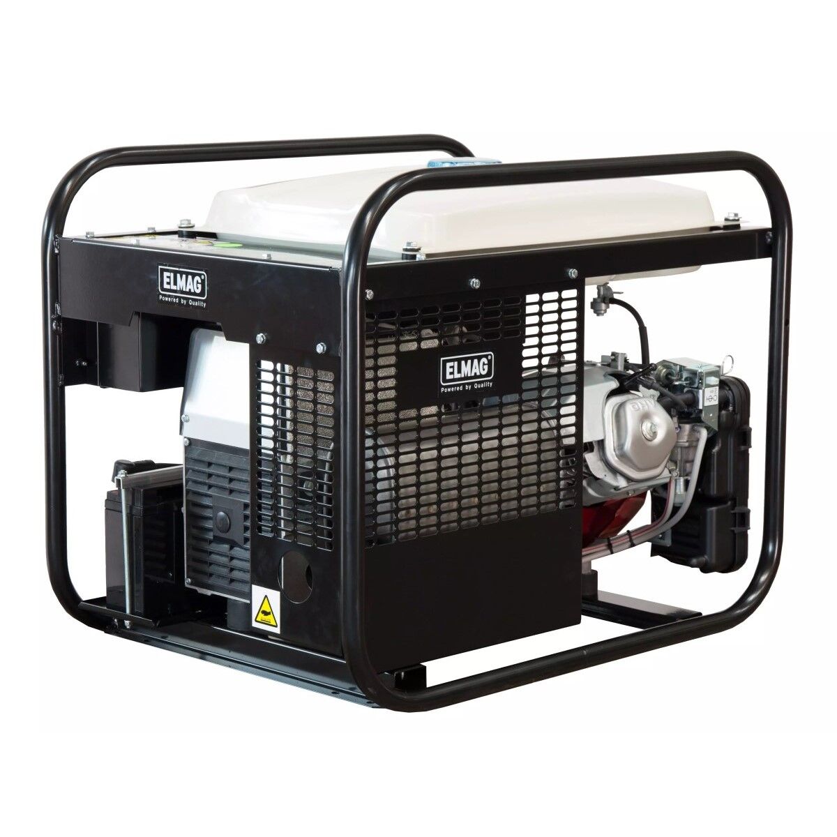 Rückansicht des Stromerzeugers mit großem Schutzgitter, weißem Tank oben und Motor rechts, freigestellt.