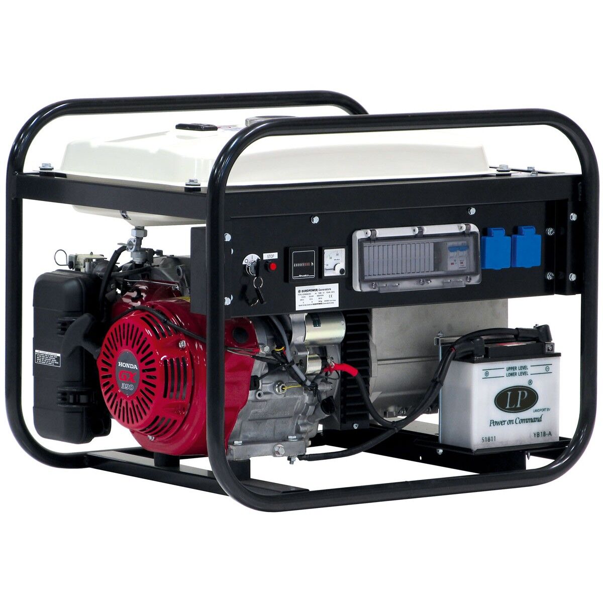 Mobiler Stromerzeuger mit rotem Motor, schwarzem Rahmen, Tank oben und Batterie an der Seite.