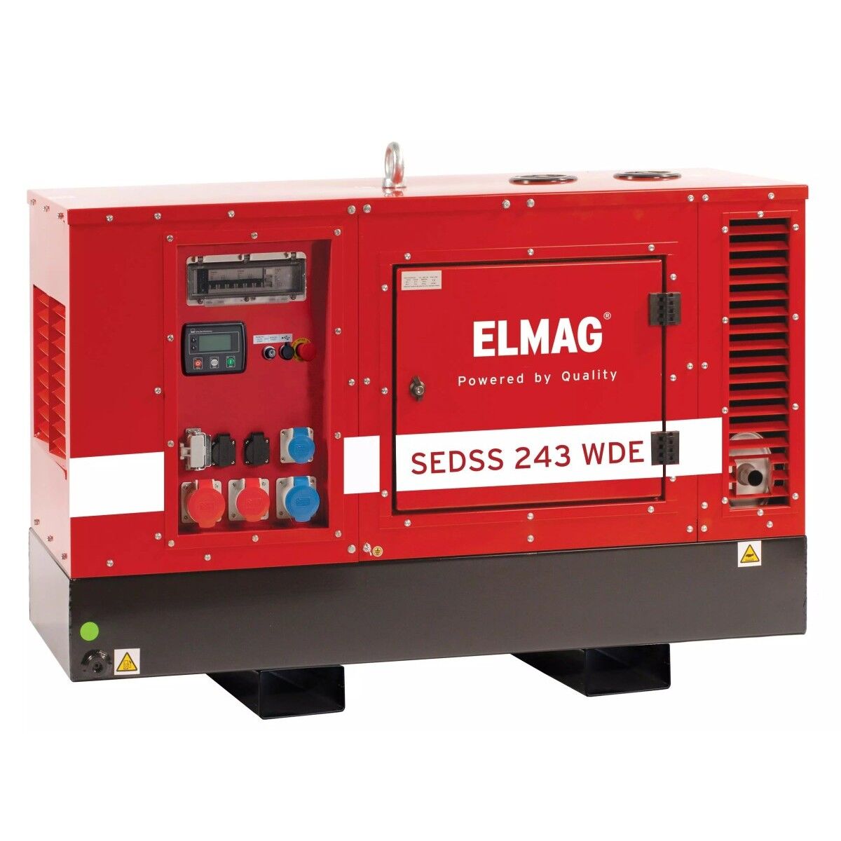 Roter ELMAG-Dieselgenerator SEDSS 243 WDE mit Anschlussfeld, Steckdosen und Lüftungsgittern auf schwarzem Sockel.