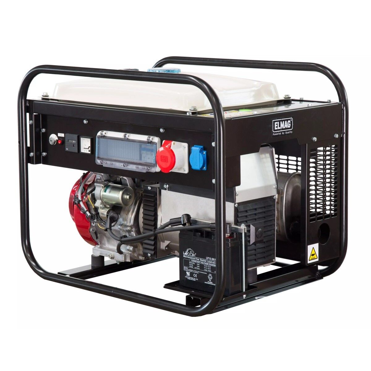 Seitenansicht: Rohrrahmen-Generator mit weißem Tank, rotem Motor, Bedienfeld und Batterie; Steckdosen rot/blau, freigestellt.