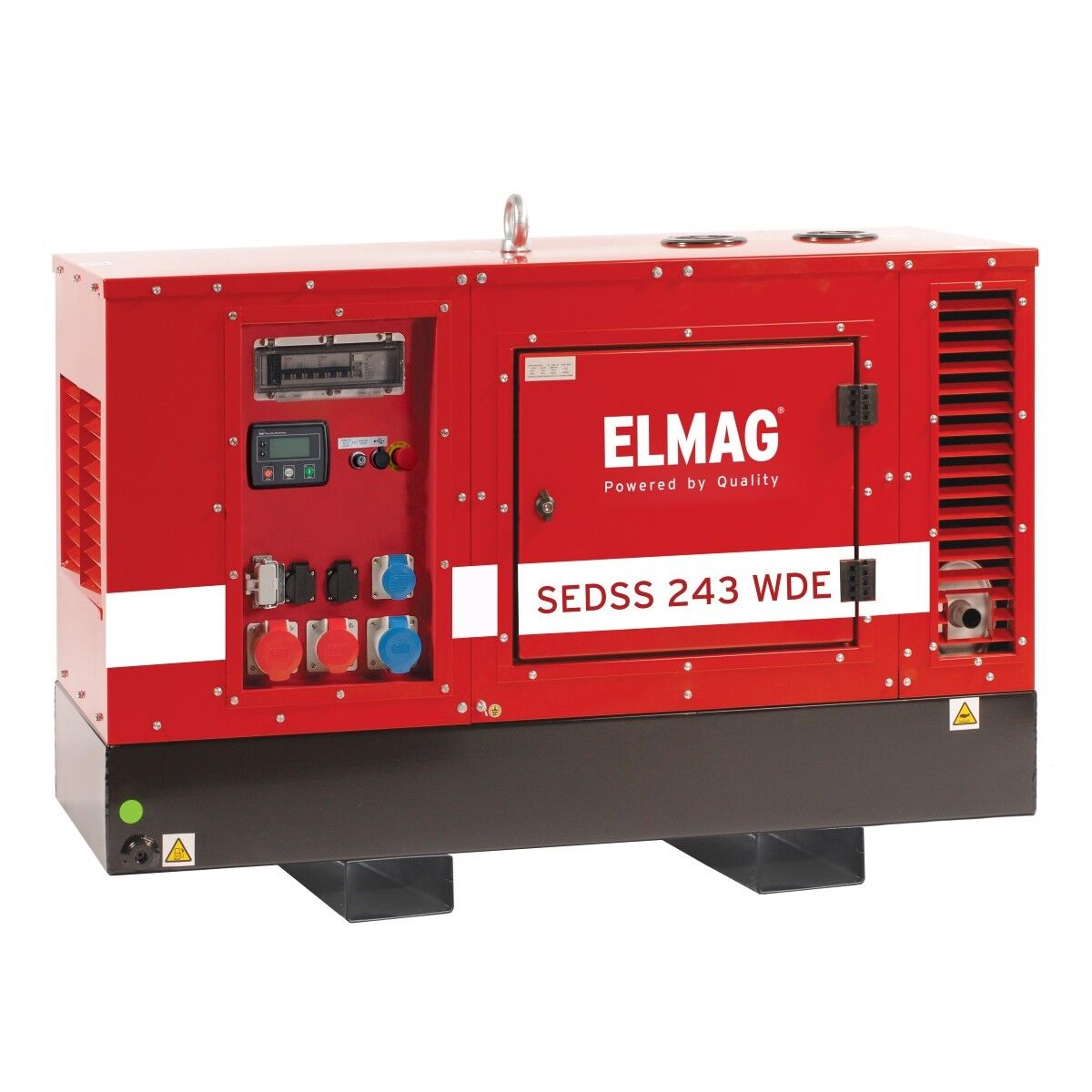 Rotes Generator-Aggregat im Schalldämmgehäuse mit Bedienfeld und Steckdosen links, Lüftungsgitter rechts, Beschriftung „SEDSS 243 WDE“.