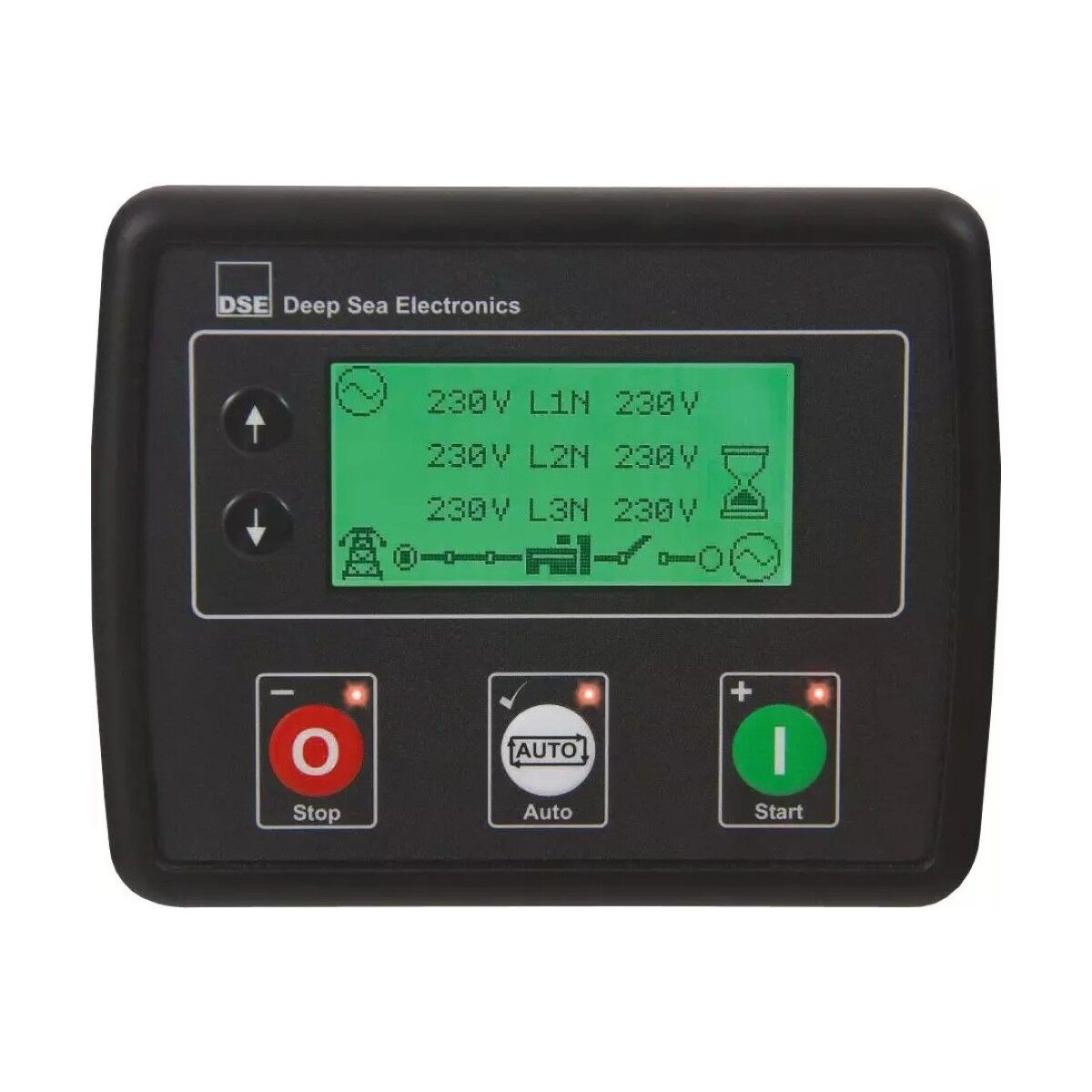 Schwarzes Bedienpanel „Deep Sea Electronics“ mit grünem Display (Spannungswerte), Pfeiltasten links und drei Tasten unten: Stop, Auto, Start.