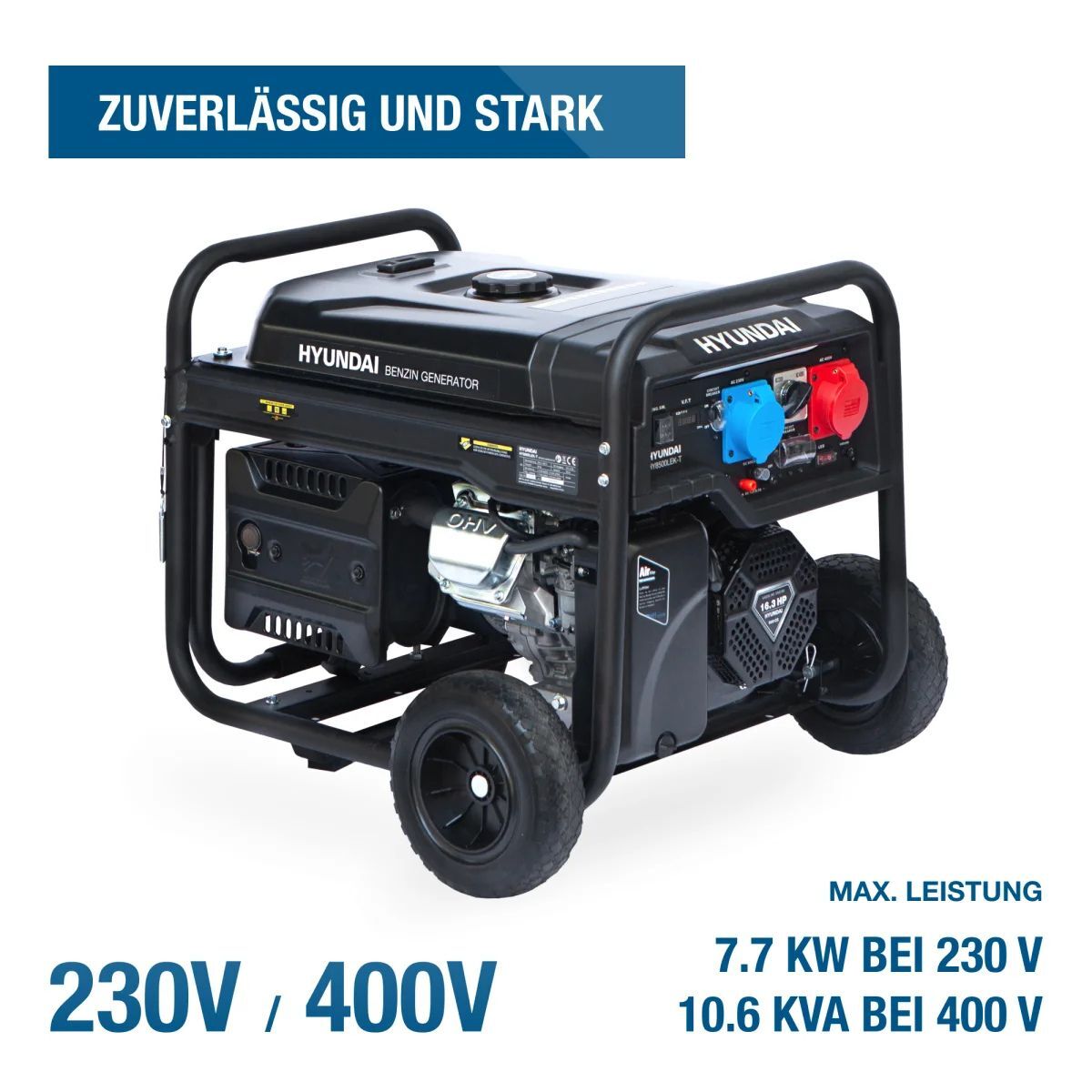 Hyundai HY8500LEK-T Generator seitlich mit 230-V und 400-V Anschlüssen, Motor und Leistungsangaben auf weißem Hintergrund.