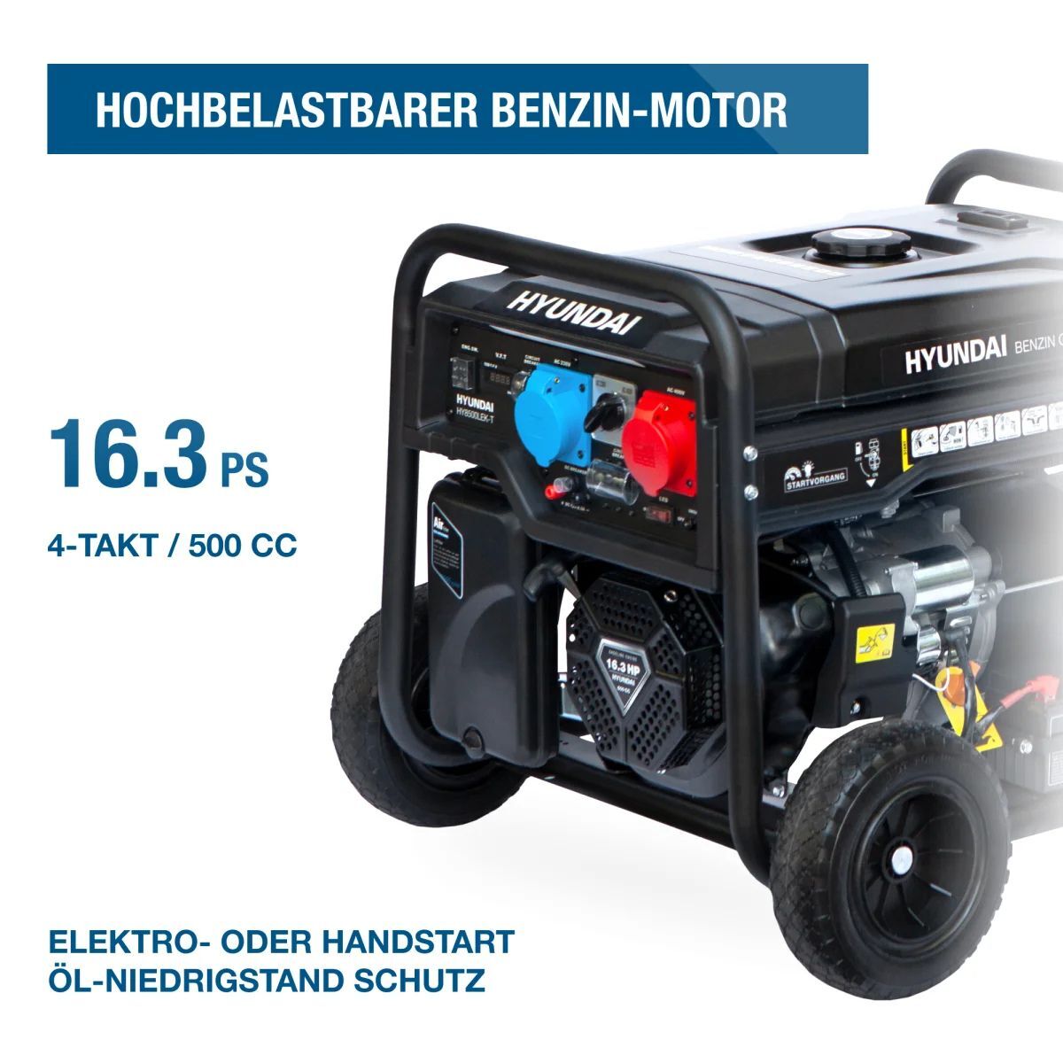 Hyundai HY8500LEK-T Generator schräg von vorne mit Motor, roten und blauen Steckdosen und Stahlrahmen.