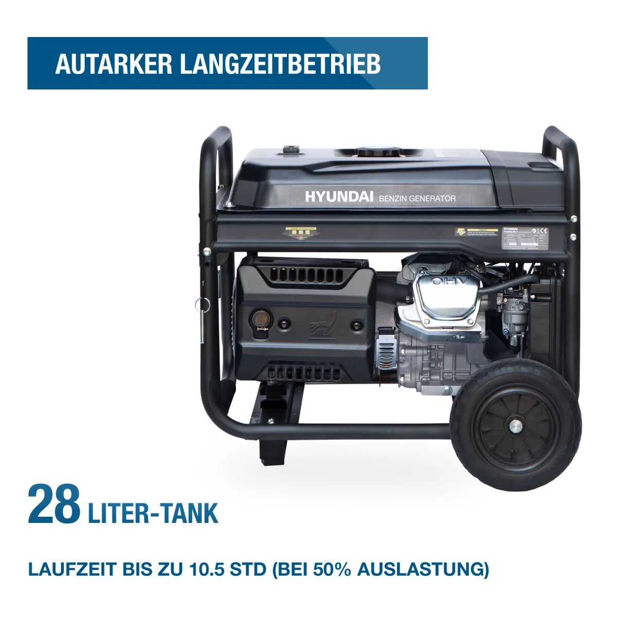 Seitenansicht des Hyundai HY8500LEK-T Generators mit Motor, Tank und 28-Liter-Angabe auf weißem Hintergrund.