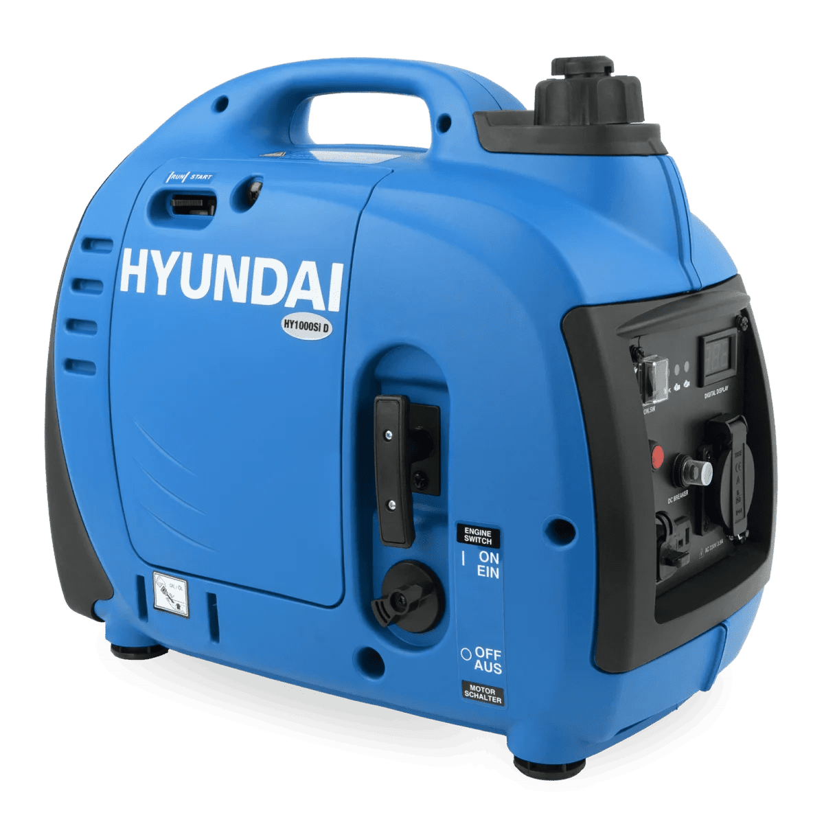 Schrägansicht des blauen Hyundai HY1000Si D mit Tragegriff, Tankdeckel, Motorschalter und Bedienfeld.