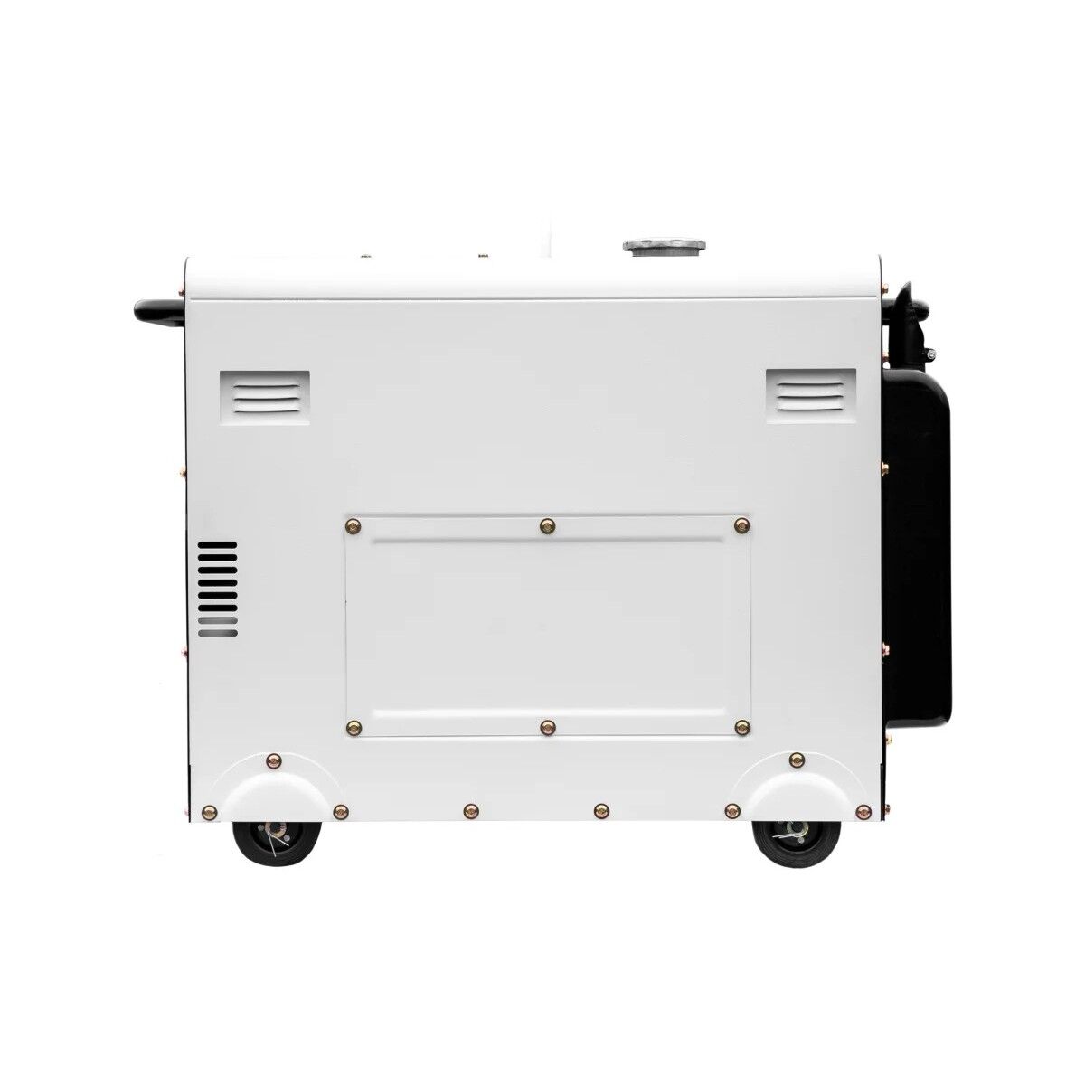 Seitenansicht des Hyundai Diesel-Generators mit geschlossener Gehäusewand, Lüftungsöffnungen und Transportrollen.