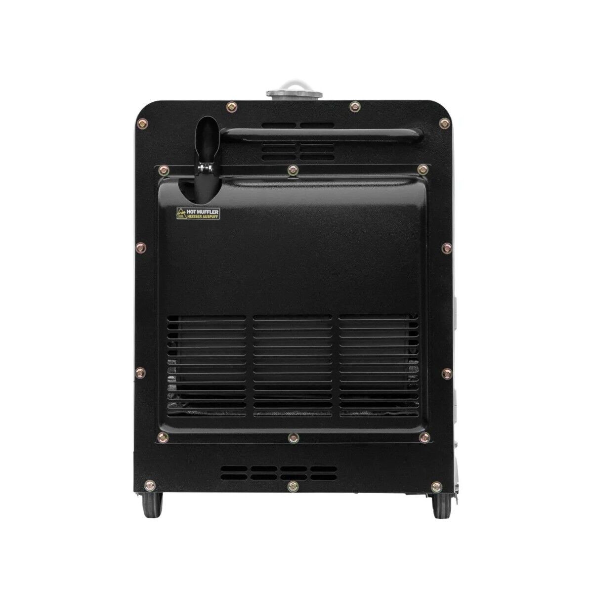 Rückansicht des Diesel-Generators mit schwarzer Auspuffabdeckung, Lüftungsöffnungen und Transportrollen.