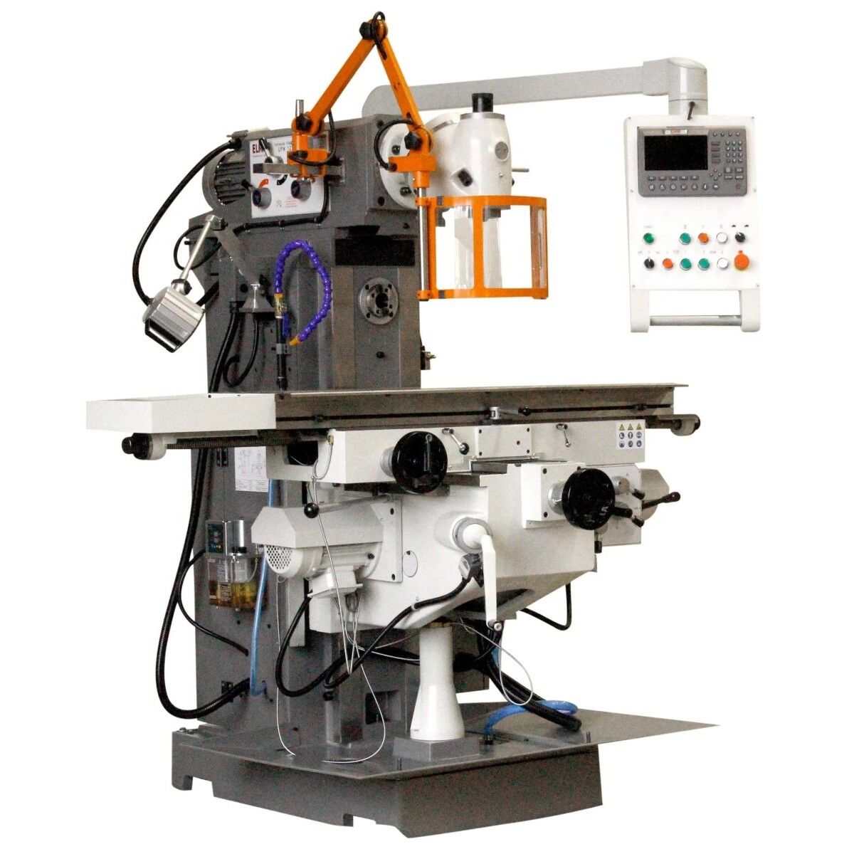 ELMAG-Universalfräsmaschine mit langem Arbeitstisch, Handrädern, Schutzvorrichtung, Arbeitsleuchte und Bedienpult.