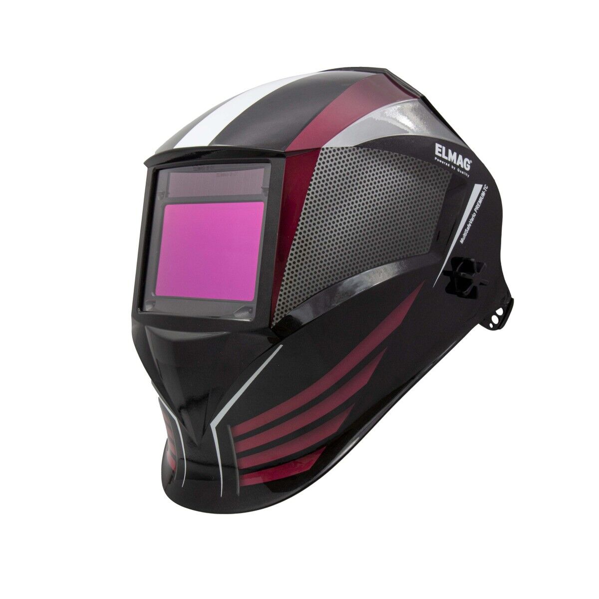 Schwarzer Schweißhelm mit automatisch abblendendem Sichtfenster; seitliches Einstellrad und rot-graues Dekor, freigestellt vor weißem Hintergrund.