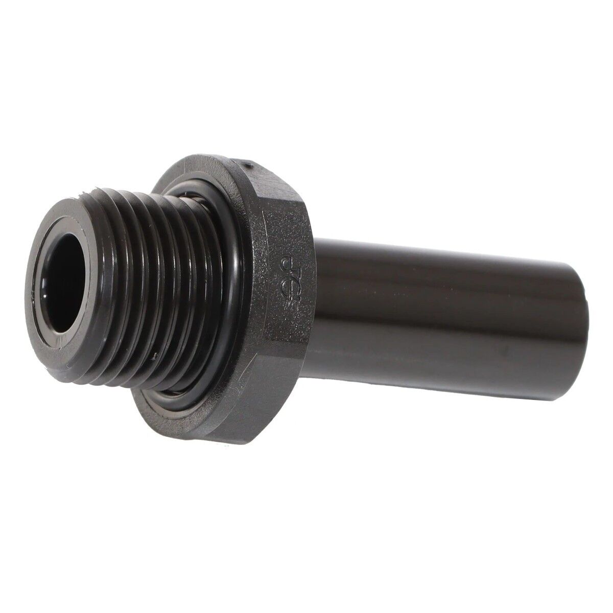 Schwarzer Kunststoff-Adapter mit Außengewinde, Sechskant und glattem zylindrischem Rohranschluss.