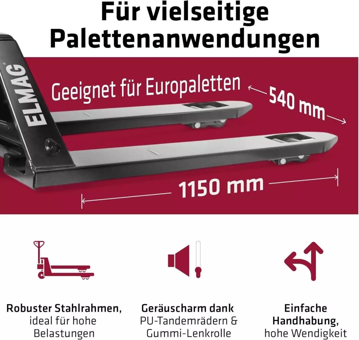 Infografik zu Gabelmaßen: Hubwagen-Gabeln mit Maßangaben 1150 mm und 540 mm, Text „Für vielseitige Palettenanwendungen“.
