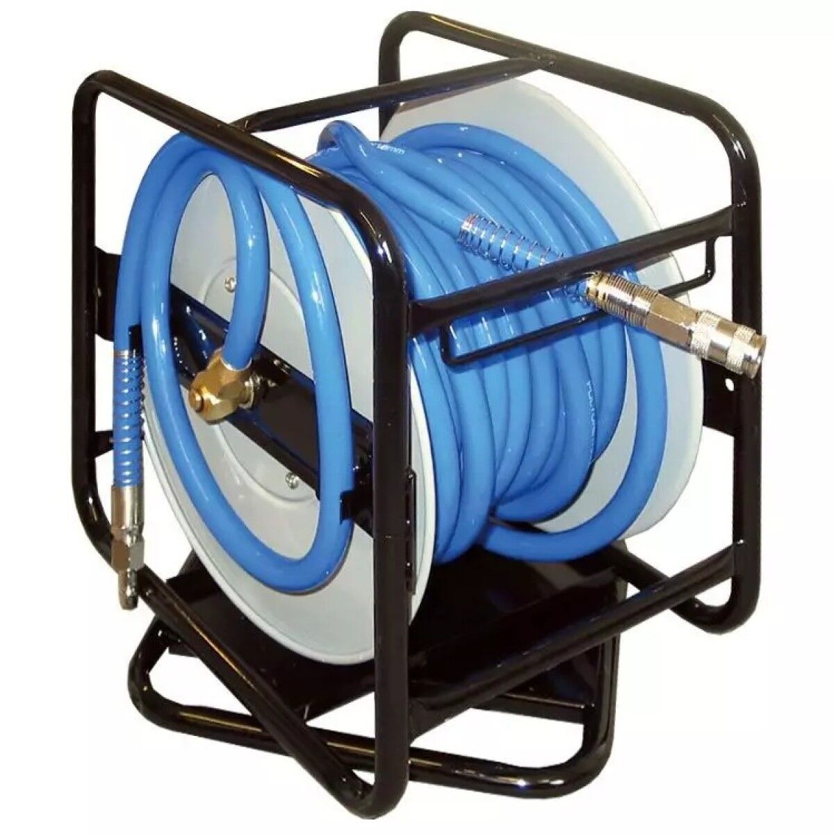 Schlauchtrommel im schwarzen Rohrrahmen mit aufgewickeltem blauem Druckluftschlauch und Metallkupplungen.