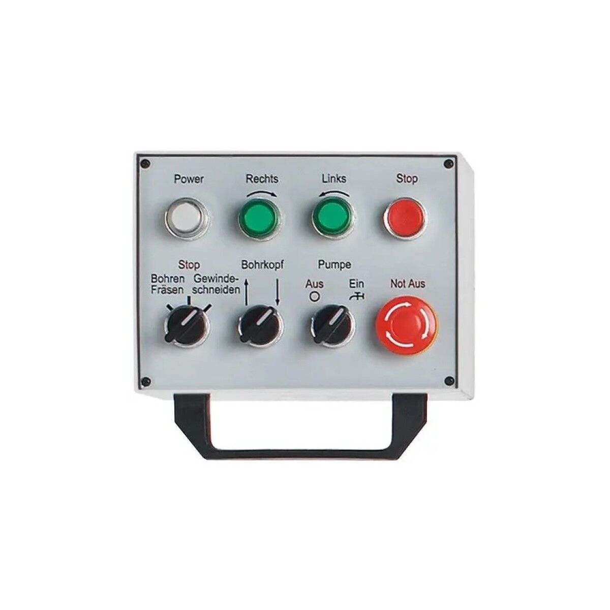 Bedienpanel der Fräsmaschine mit Tasten für Vorschub, Pumpe, Fräskopf und Not-Aus-Schalter.