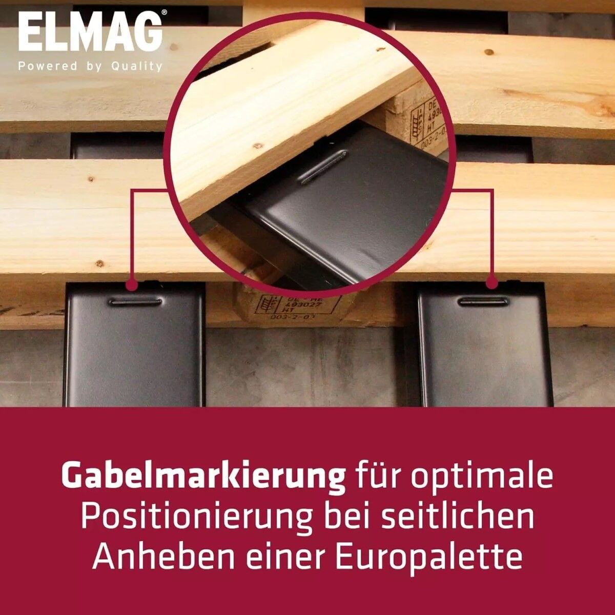 Foto von Hubwagen-Gabeln unter Europalette; Markierung ist hervorgehoben, Text „Gabelmarkierung für optimale Positionierung…“.