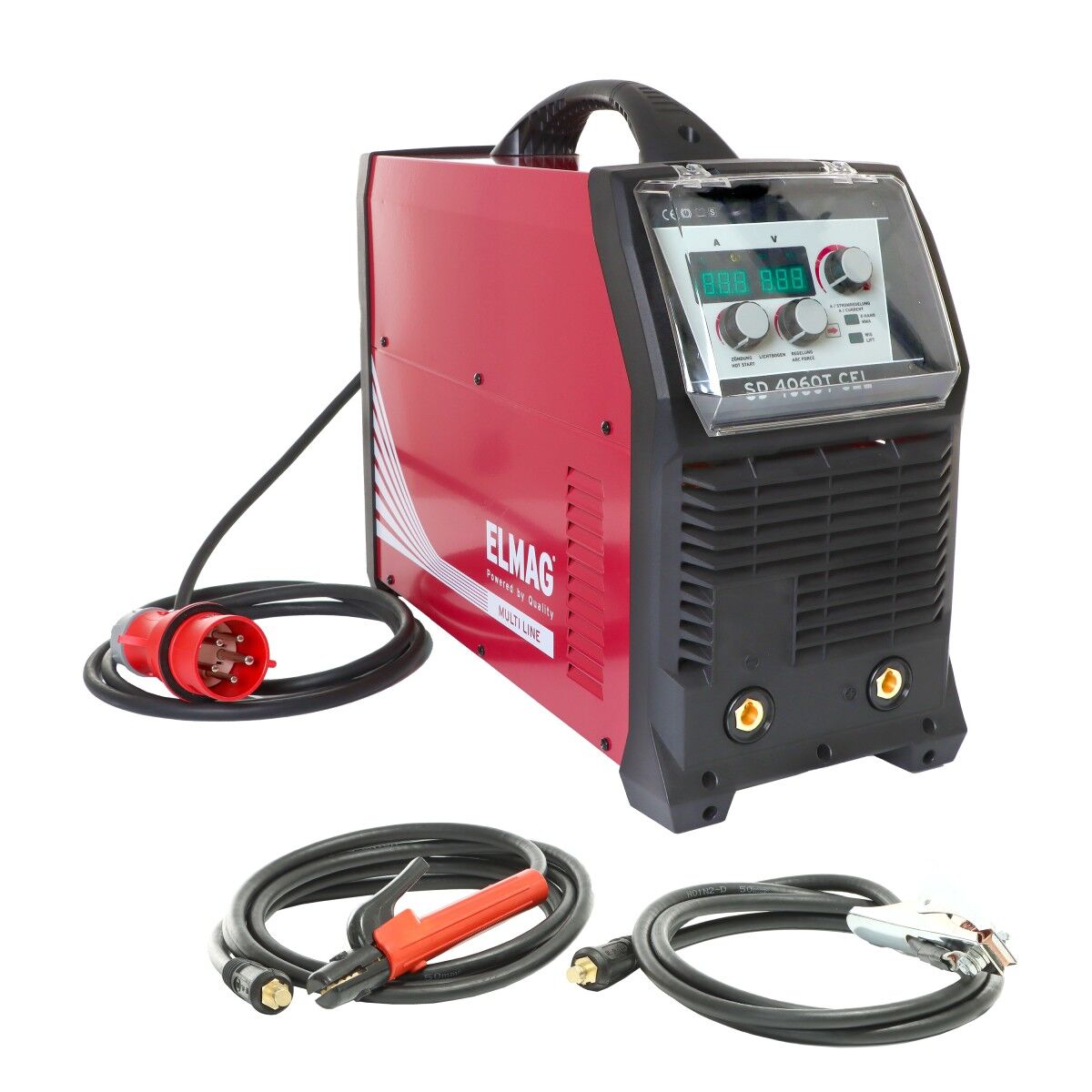 Rotes Inverter-Schweißgerät mit Tragegriff und Digitalanzeige; davor Netzkabel mit rotem Stecker sowie Schweißkabel mit Elektrodenhalter und Masseklemme.