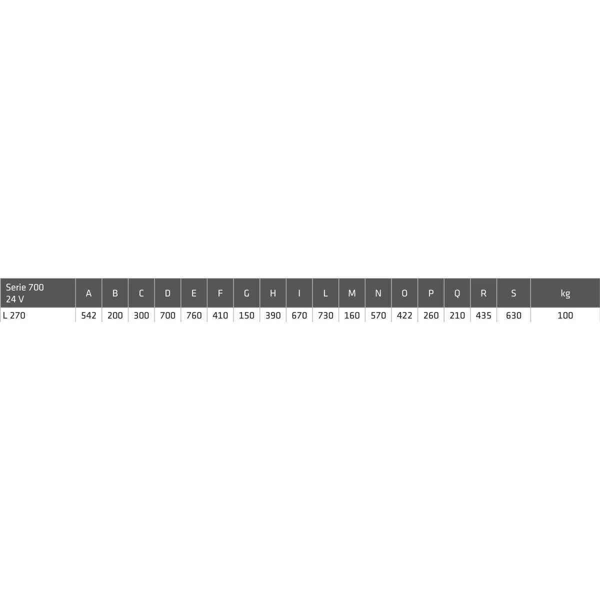 Maßtabelle zur Schlauchtrommel Serie 700, Modell L 270, mit Abmessungen A bis S und einem Gewicht von 100 kg.