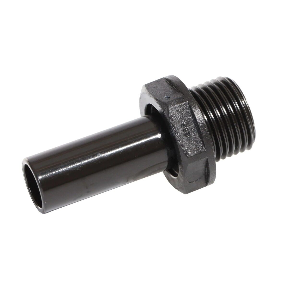 Schwarzer Kunststoff-Adapter mit Außengewinde, Sechskant und glattem Rohranschluss in entgegengesetzter Ansicht.