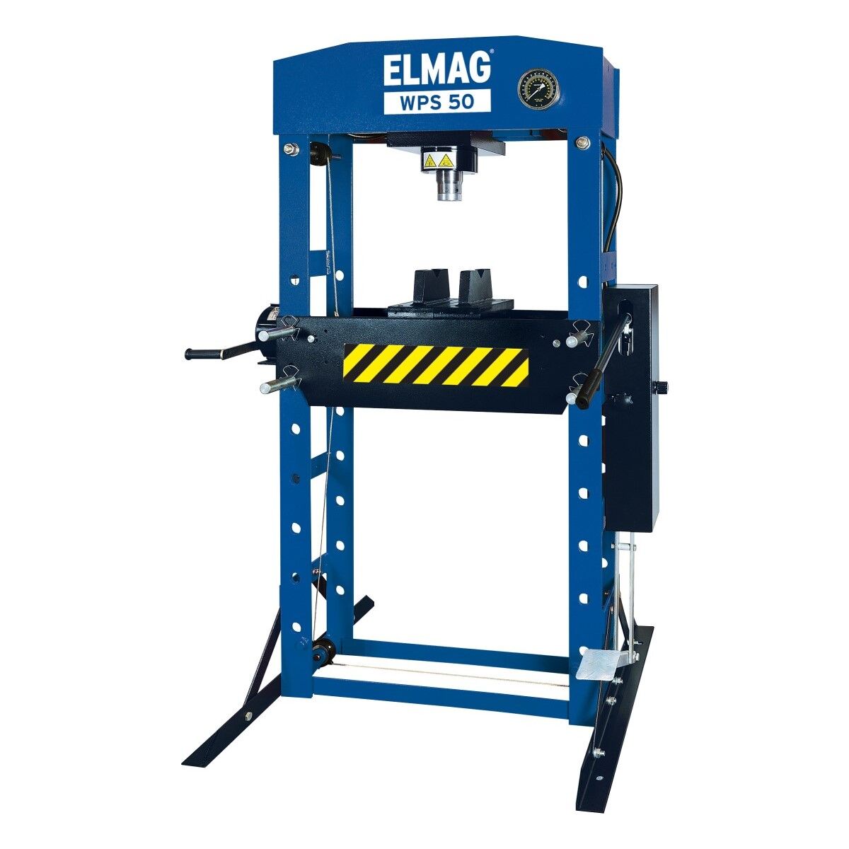 Hydraulische Werkstattpresse mit blauem Rahmen, Presszylinder, höhenverstellbarem Presstisch und schwarzer Quertraverse.