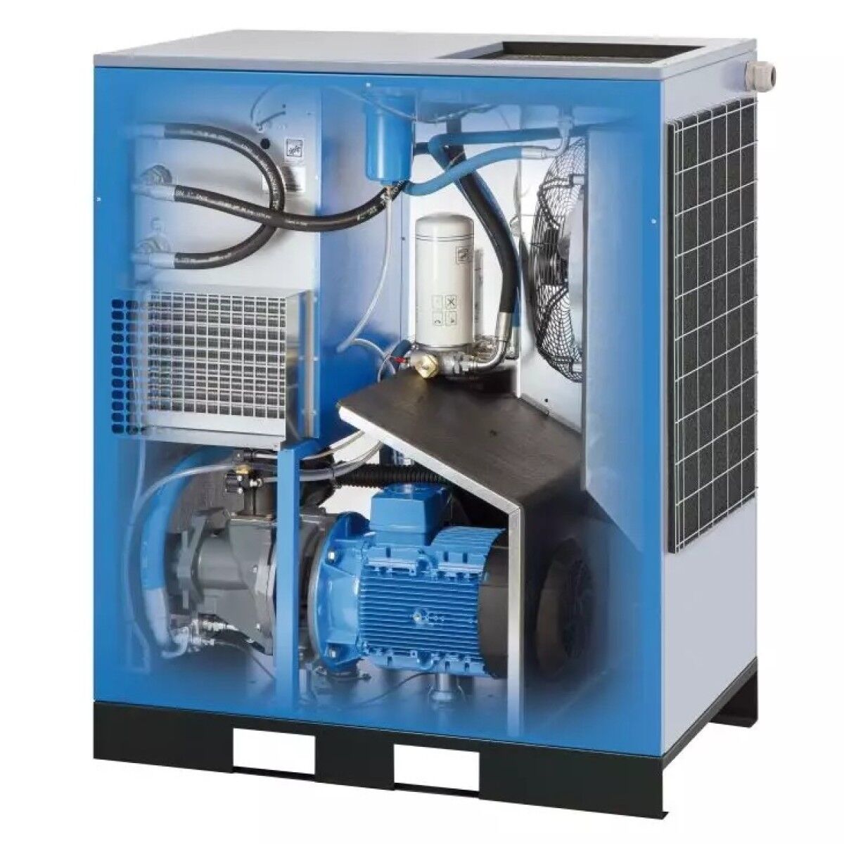 Geöffneter Schraubenkompressor von der Rückseite mit Elektromotor, Lüfter, Kühler, Schläuchen und Filter im blauen Gehäuse.
