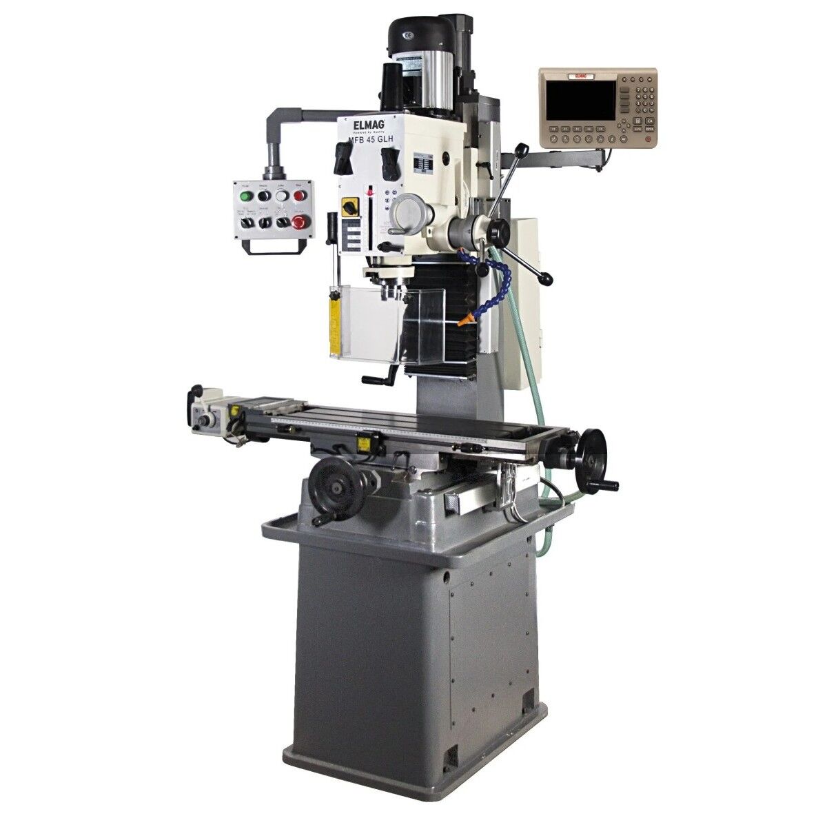 Fräsmaschine ELMAG MFB 45 GLH mit Kreuztisch, Bedienpanel und Digitalanzeige in Frontalansicht.