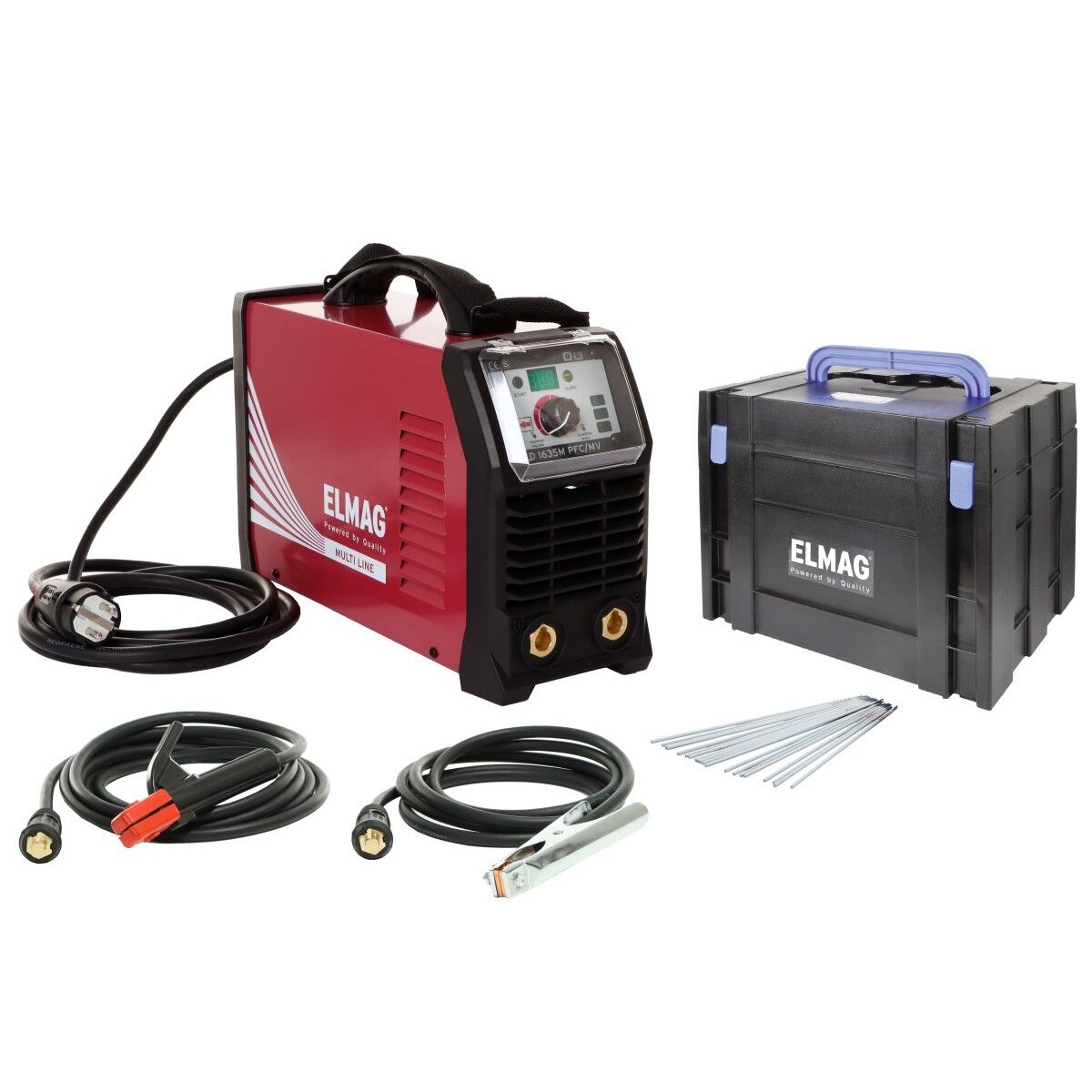 Schweißgerät ELMAG mit Anschlusskabeln, Elektroden, Transportkoffer und Zubehör auf weißem Hintergrund.