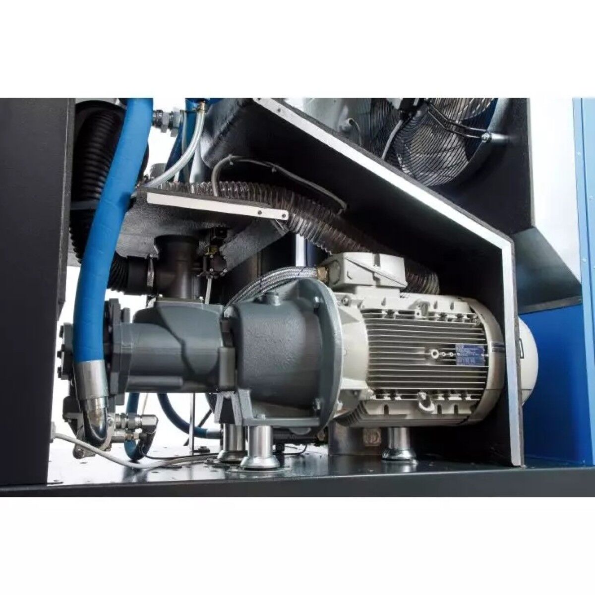 Nahaufnahme des Antriebs im Schraubenkompressor mit Elektromotor, Verdichterblock, Schläuchen und Leitungen im Gehäuse.