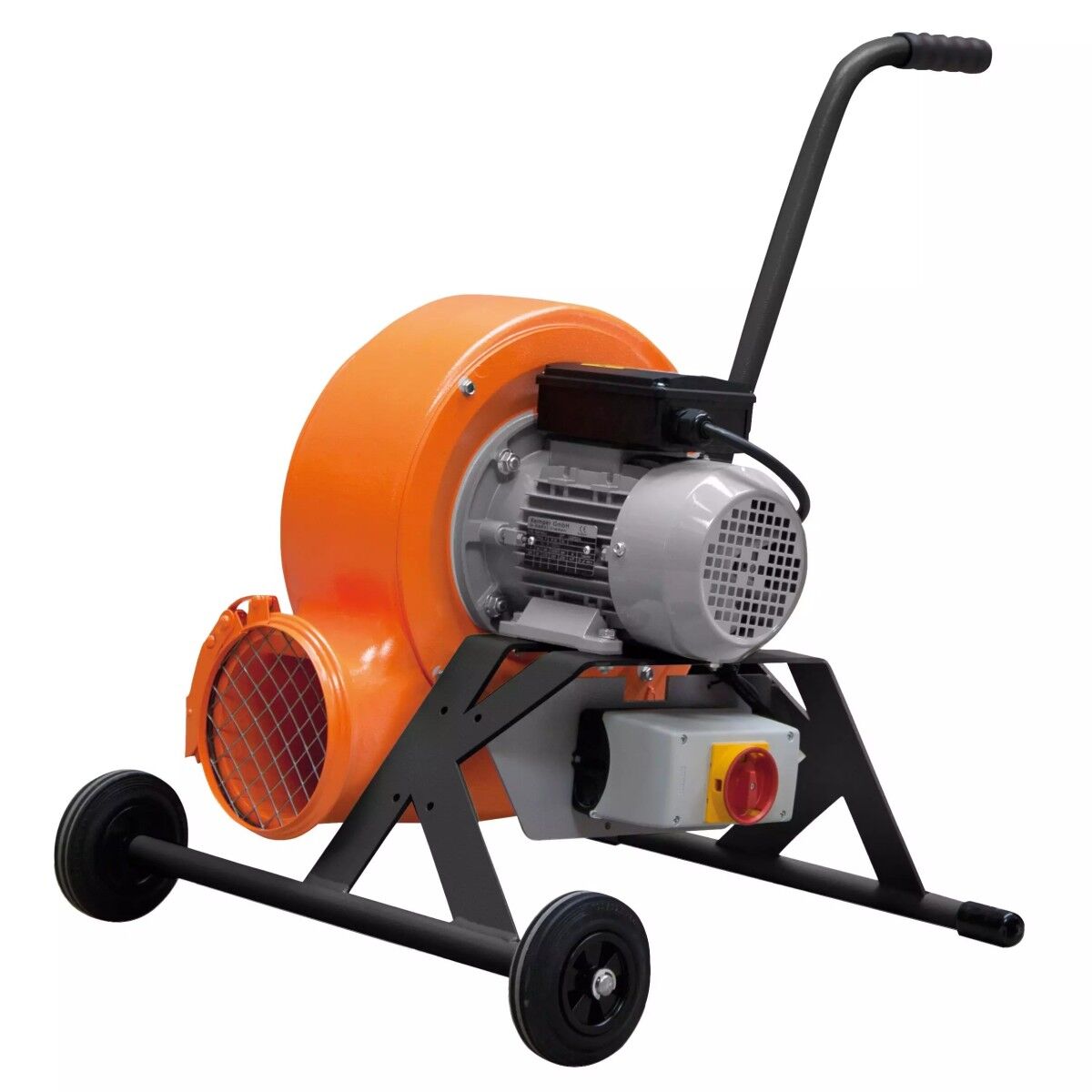 Mobiles orangefarbenes Radialgebläse mit Elektromotor, Schutzgitter, Hauptschalter, Fahrgestell, zwei Rädern und Schiebegriff.