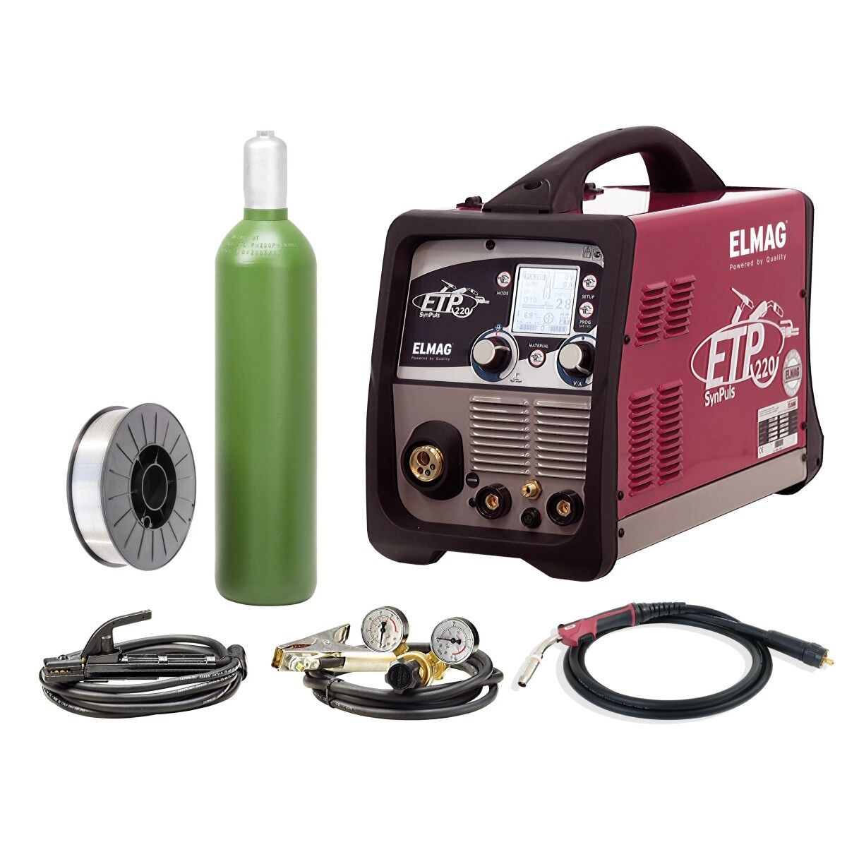 ELMAG ETP 220 SynPuls Schweißgerät mit Gasflasche, Drahtrolle, Brenner, Massekabel und Druckminderer mit Manometern.