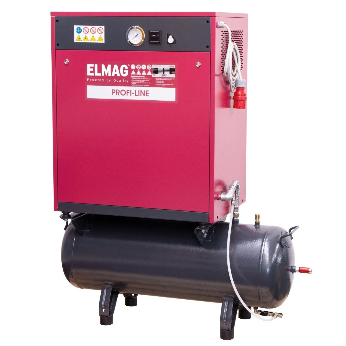 Rotes Kompressorgehäuse auf schwarzem Druckluftbehälter; Front geschlossen mit „ELMAG PROFI-LINE“, Manometer und Schalter oben.