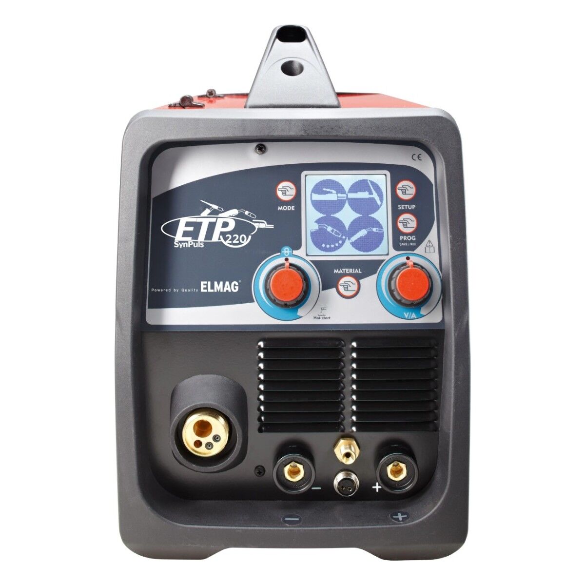 Frontansicht des ELMAG ETP 220 SynPuls Schweißgeräts mit Display, zwei Drehreglern, Tasten, Lüftungsschlitzen und Anschlüssen.