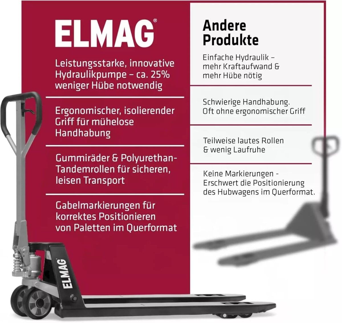Vergleichsgrafik: ELMAG-Hubwagen links mit Vorteilen, „Andere Produkte“ rechts mit Nachteilen; Hubwagenbilder und Textblöcke.