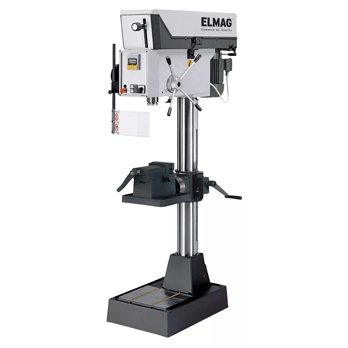 ELMAG Highspeed-Säulenbohrmaschine mit Bohrkopf, Schutzhaube, höhenverstellbarem Arbeitstisch, Schraubstock und Handhebeln.