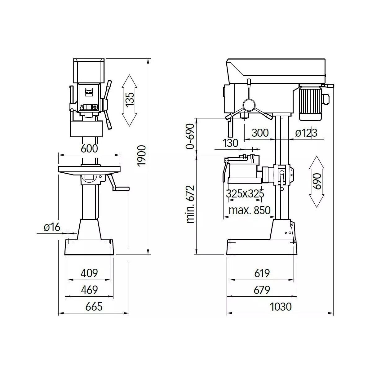 Technische Maßzeichnung der ELMAG Highspeed-Säulenbohrmaschine mit Front- und Seitenansicht sowie Abmessungen.