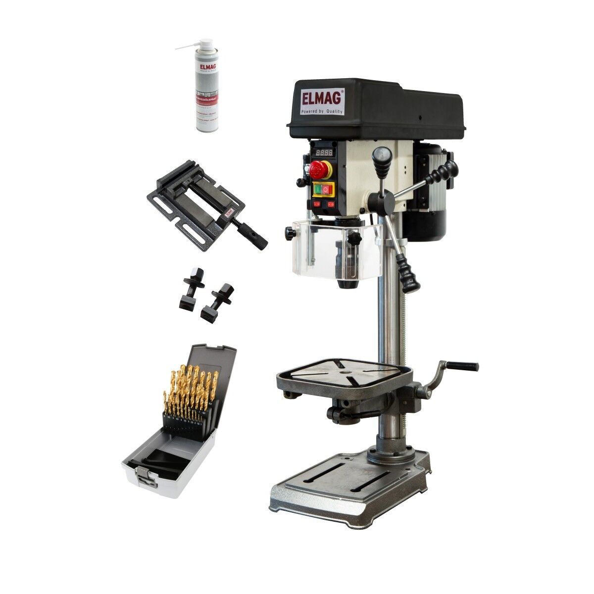 ELMAG Tischbohrmaschine KBM 16 T VARIO im Set mit Maschinenschraubstock, Spiralbohrersatz, zwei Spannschrauben und Schmierölspray.