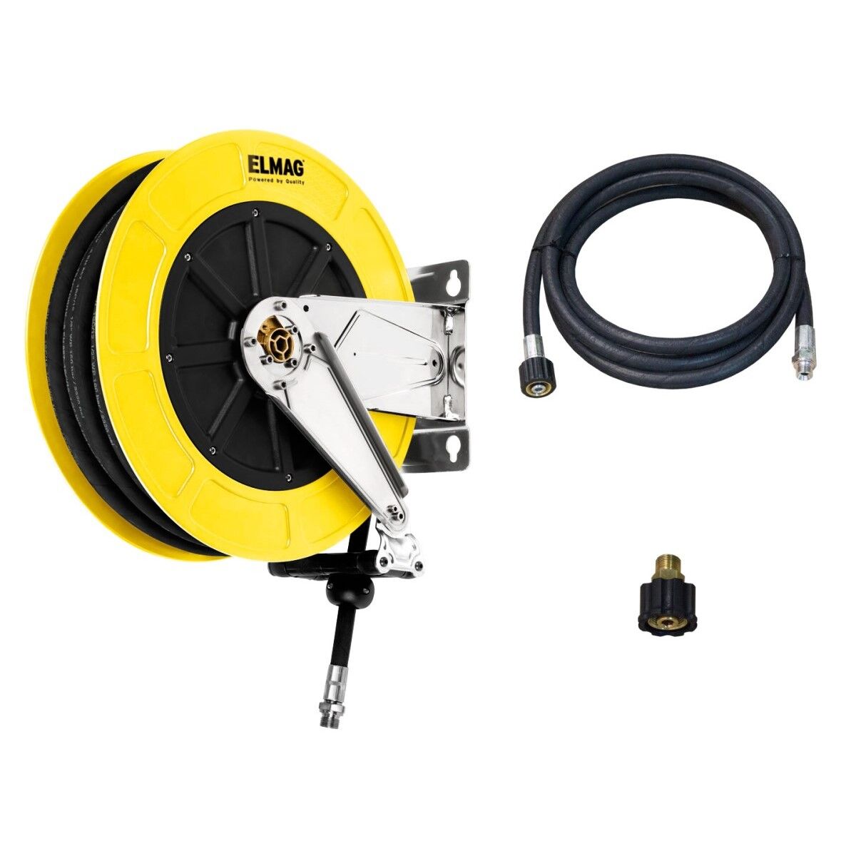 Schlauchaufroller-Set: gelb-schwarzer Wand-Schlauchaufroller mit Metallhalterung, dazu separater Schlauch und Adapter, freigestellt.
