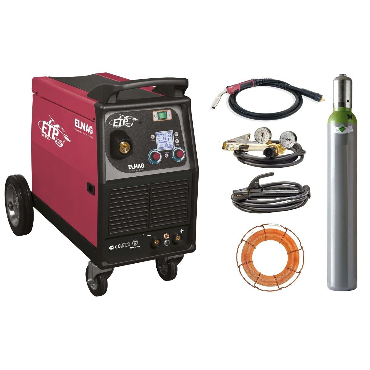 Mobiles ELMAG ETP 225 SynPuls Schweißgerät mit Gasflasche, Schweißdraht, Brenner, Massekabel und Druckminderer.