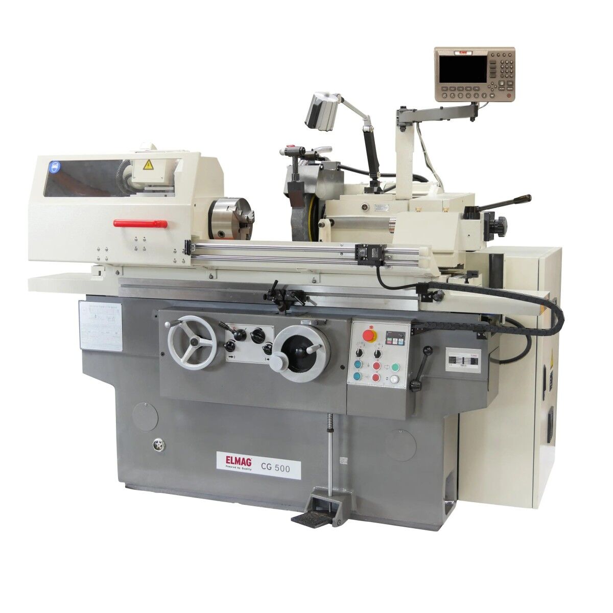ELMAG-Rundschleifmaschine CG 500 mit Spannfutter, Schleifscheibe, Handrädern, Bedienfeld und Digitalanzeige.