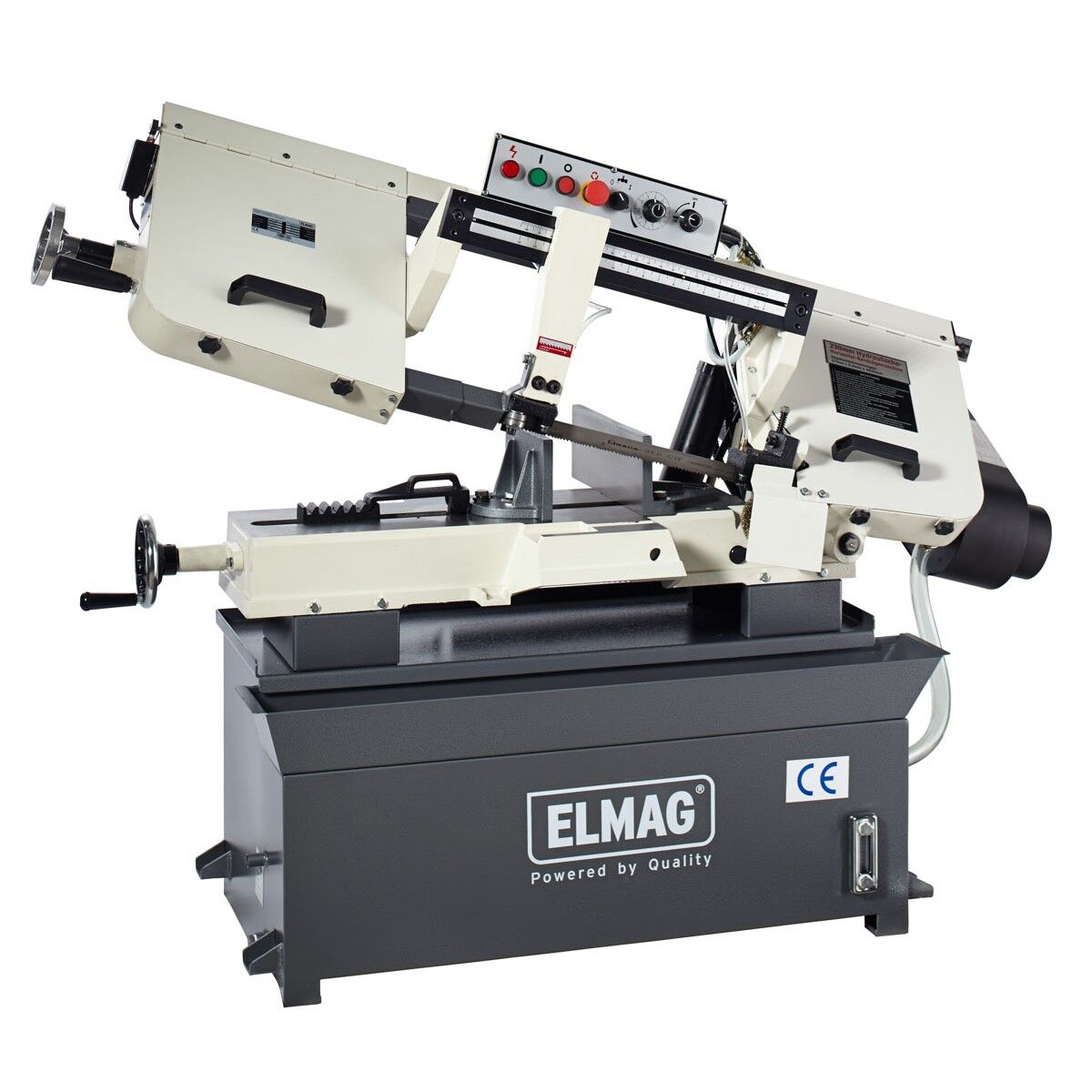 ELMAG-Metallbandsäge mit schwenkbarem Sägebügel, Schraubstock, Bedienfeld, Handrad und geschlossenem Maschinenunterbau.