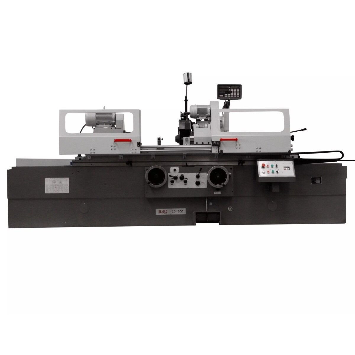 ELMAG-Rundschleifmaschine CG 1500 mit Schutzhauben, Schleifeinheit, Handrädern, Bedienfeld und Digitalanzeige.