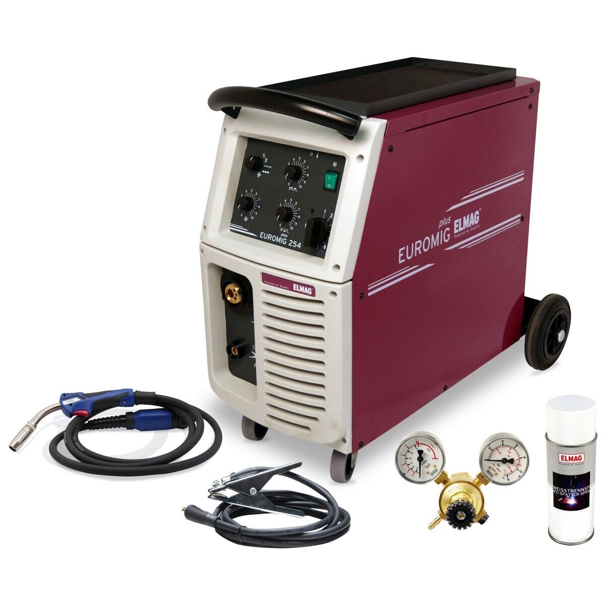 MIG-Schweißgerät Euromig 254 auf Rollen; daneben Schweißbrenner, Massekabel mit Klemme, Druckminderer mit zwei Manometern und Spraydose, freigestellt.