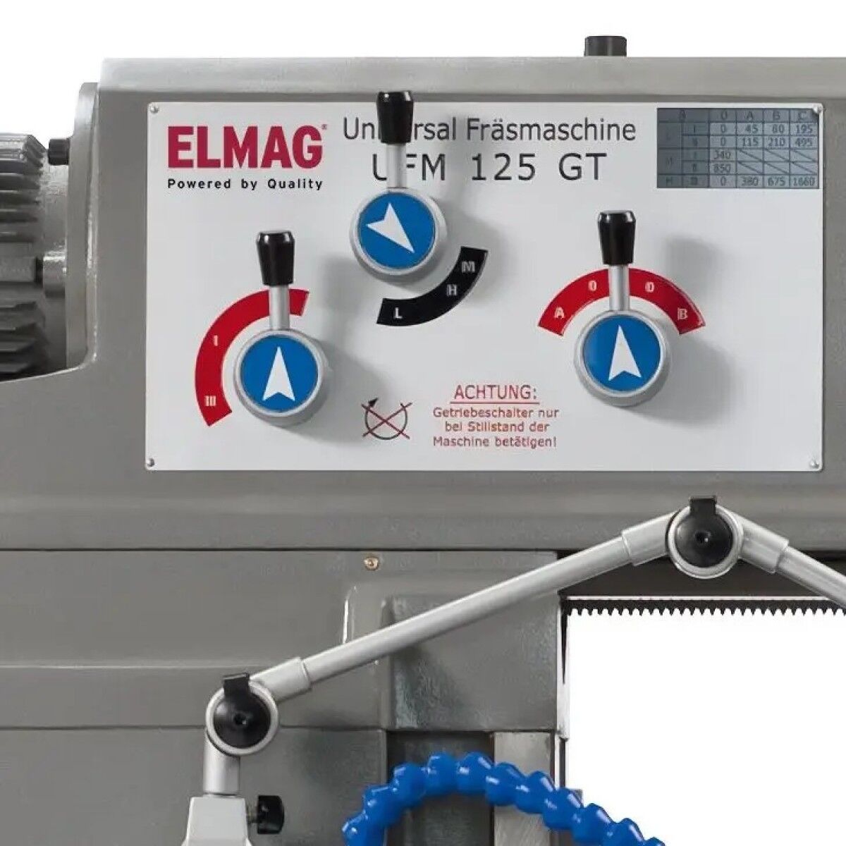 Bedienfeld der ELMAG-Universalfräsmaschine UFM 125 GT mit drei Drehschaltern und Einstellskalen.