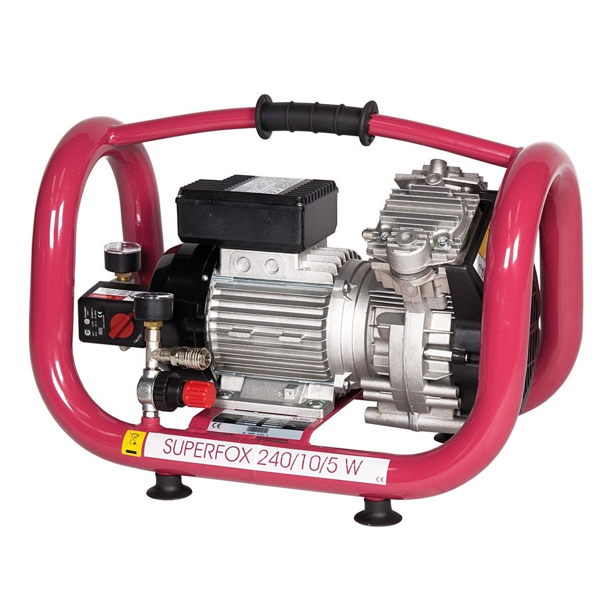 Tragbarer Kompressor im roten Rohrrahmen mit Griff; Motor und Pumpeneinheit sichtbar, zwei Manometer und Druckregler vorn, Aufschrift „SUPERFOX 240/10/5 W“.