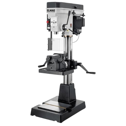 ELMAG Tischbohrmaschine mit stabilem Standfuß, Höhenverstellung und Bohrtisch, frontal leicht seitlich fotografiert.