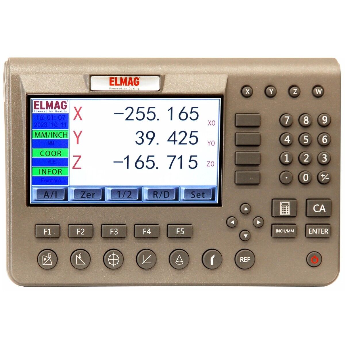 Digitale Positionsanzeige der Fräsmaschine mit X-, Y- und Z-Koordinaten sowie Funktionstasten.